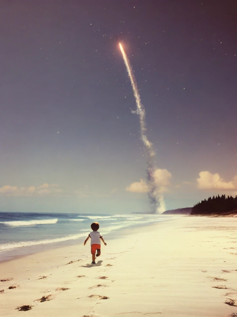 Child watching rocket launch on the beach