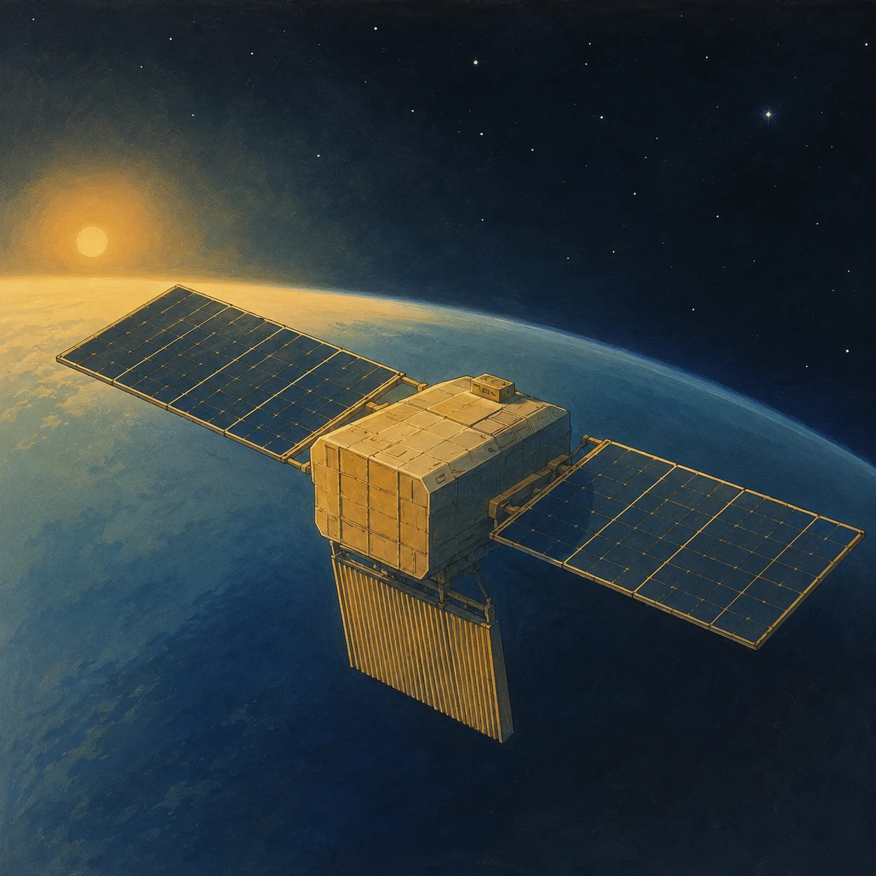 Illustration of a single orbital data center satellite above Earth's terminator line, painted in 1970s NASA space-art style