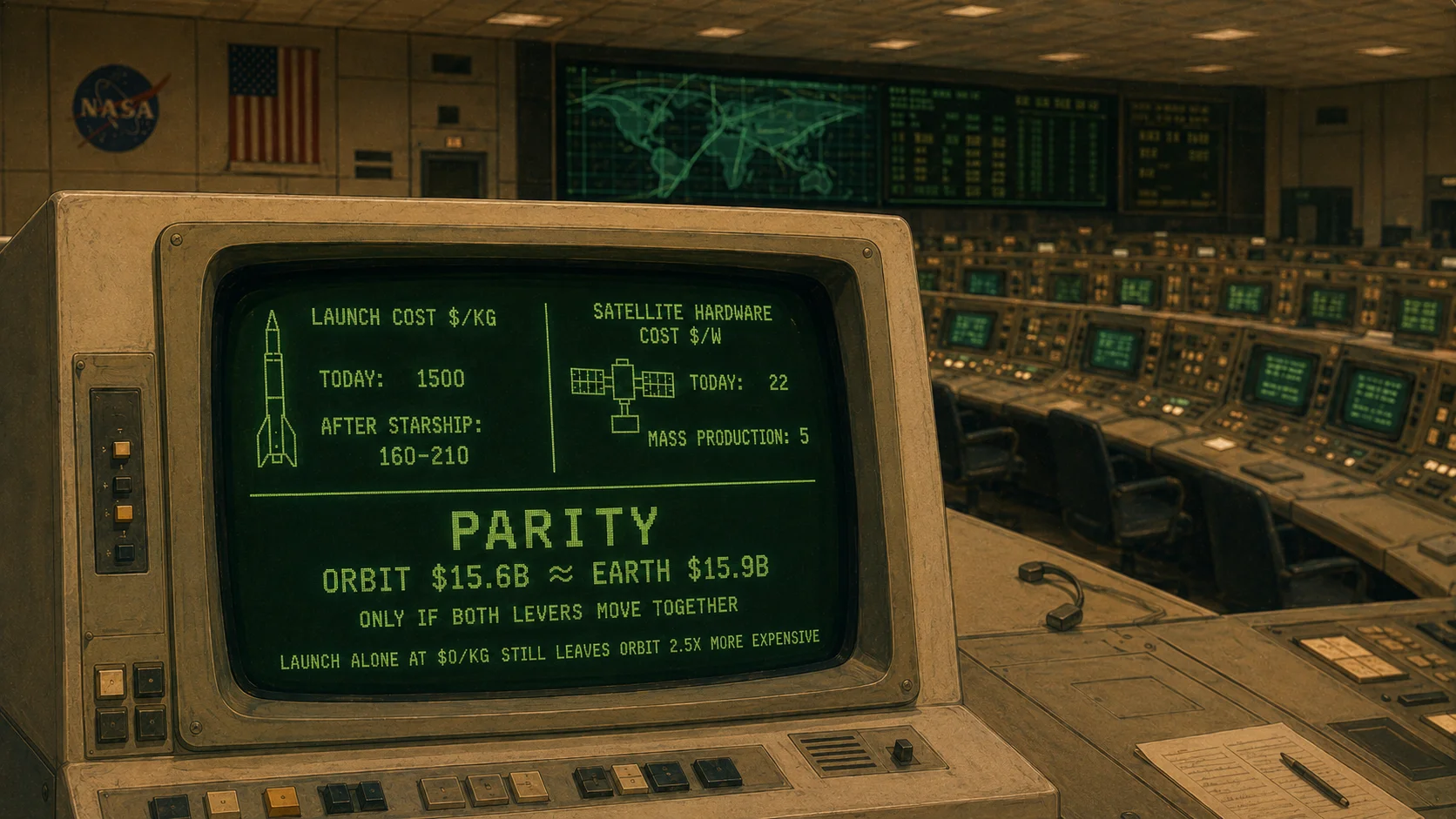 Illustration of a CRT computer terminal inside a NASA-style mission control room, displaying a cost-parity readout comparing orbital and terrestrial data center economics