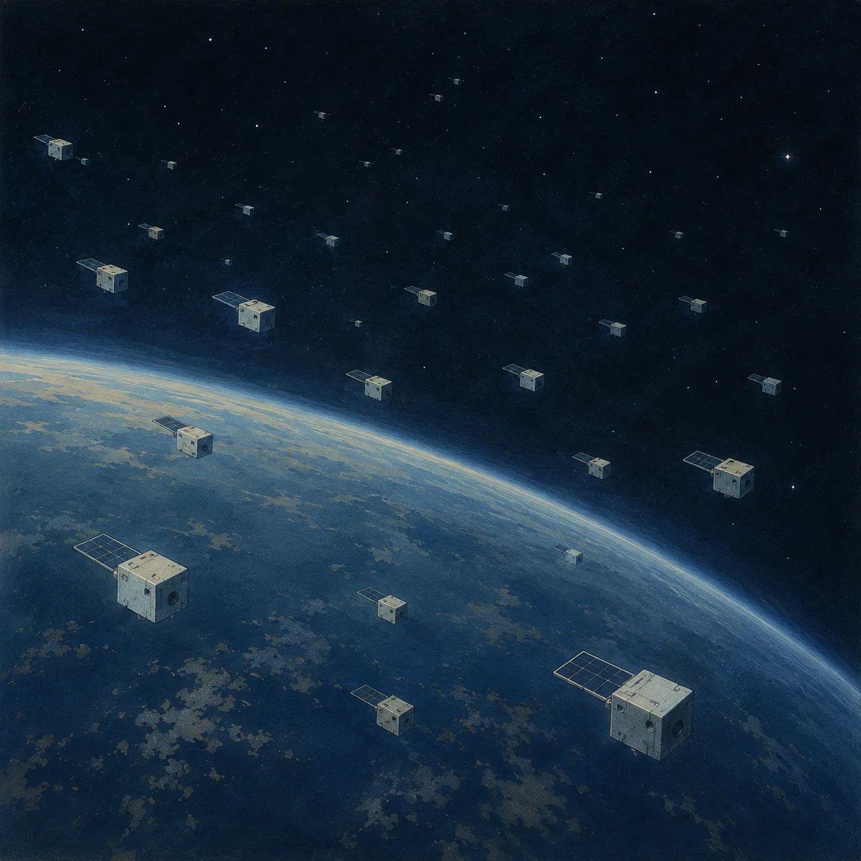 1980s illustration of Brilliant Pebbles interceptor satellite swarm