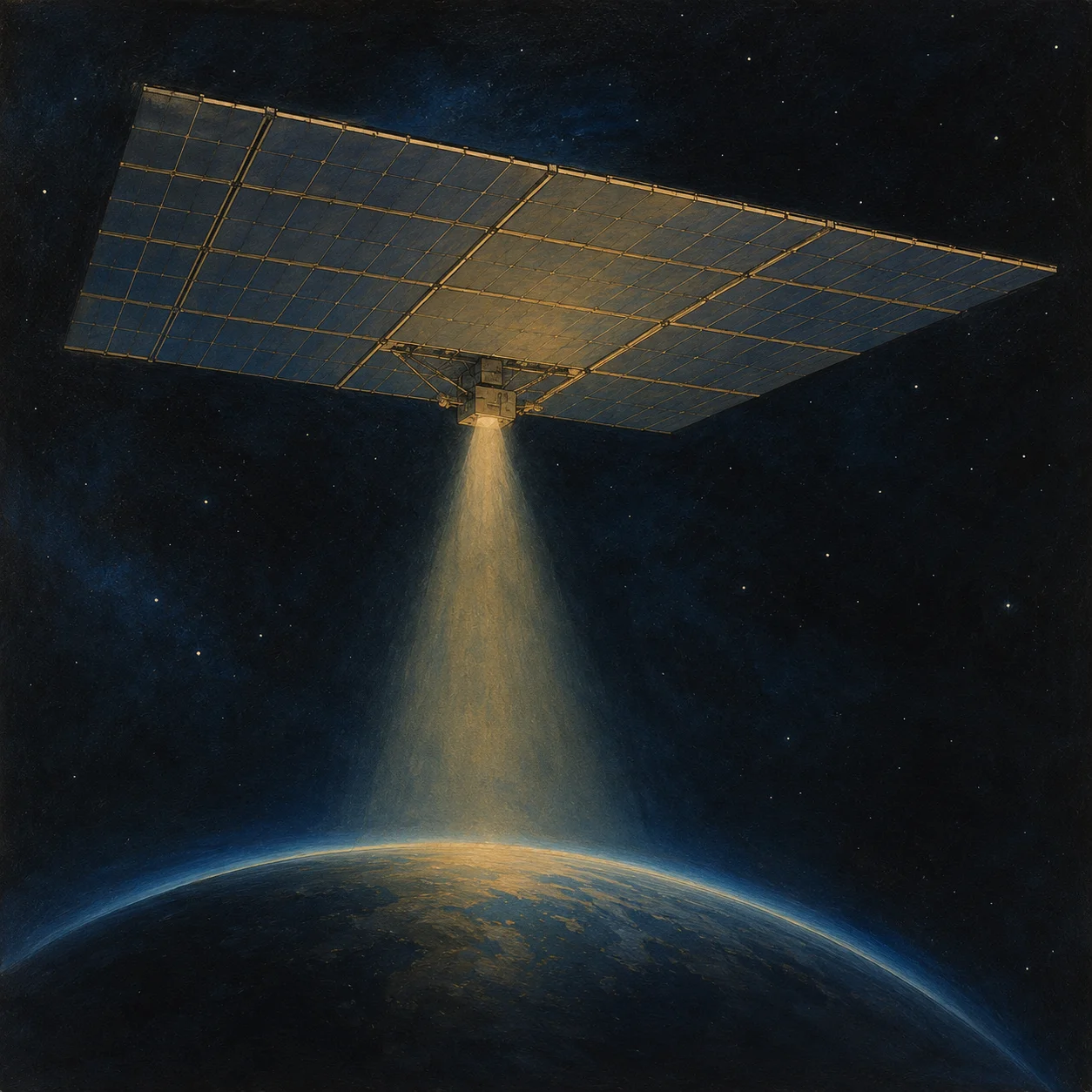 1968 concept illustration of Peter Glaser's space-based solar power station