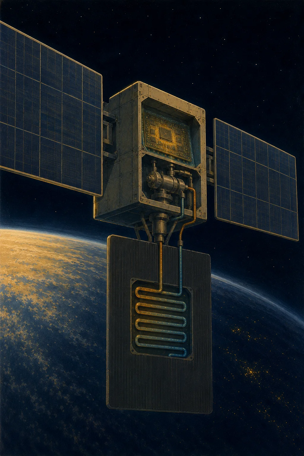Cutaway illustration of an orbital data center satellite showing its internal GPU immersion-cooling pump and a radiator panel with a coolant-loop cutaway