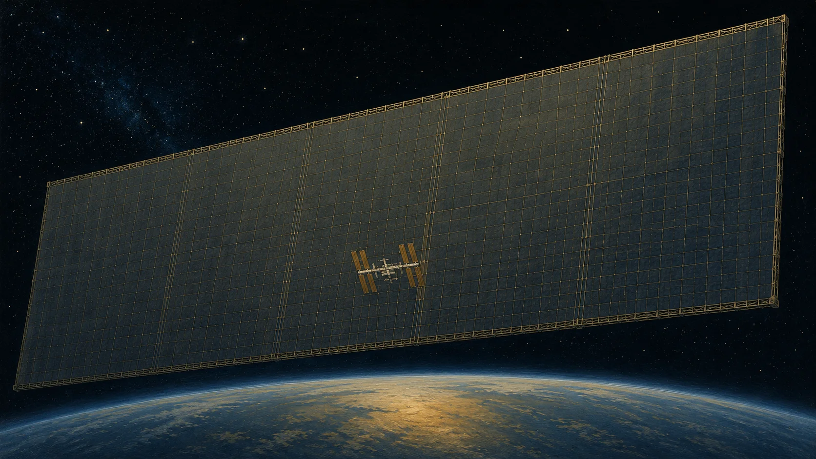 Illustration comparing the scale of a giant orbital data center radiator panel to the tiny silhouette of the International Space Station floating in front of it
