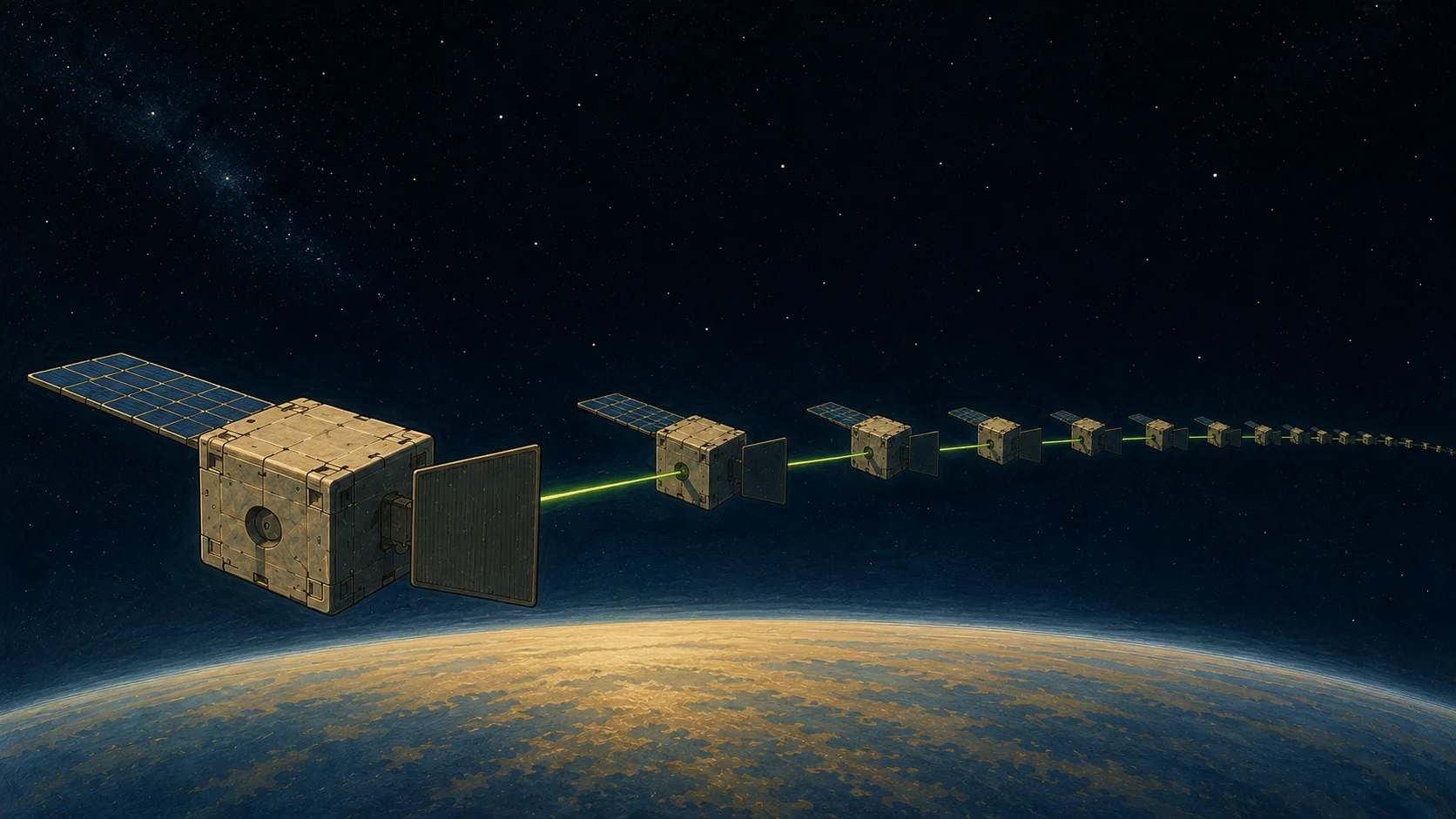Illustration of an orbital data center satellite swarm flying in formation, connected by lime-green laser links along Earth's horizon